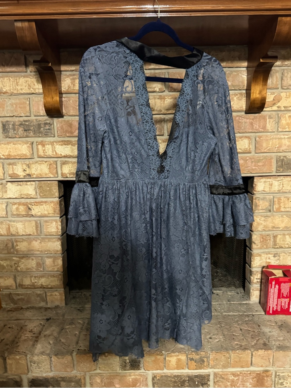 Free People Slate Blue Lace V‑Neck Long Sleeve Midi Dress